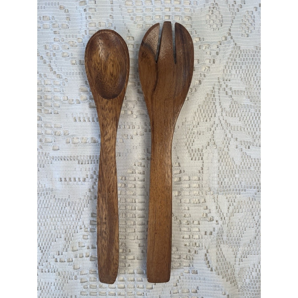 Vintage Wooden Salad Servers Spoon & Fork Set Solid Wood Utensils